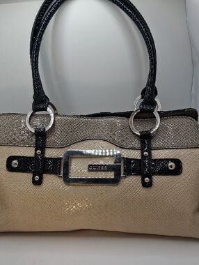 GUESS Beige and Black Textured Tote with Silver Buckle